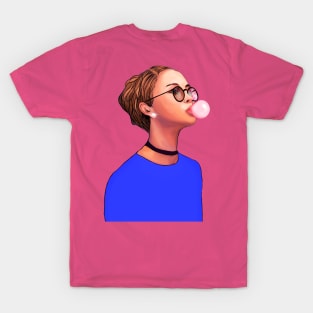 Hipster girl blowing a big bubble gum bubble. T-Shirt